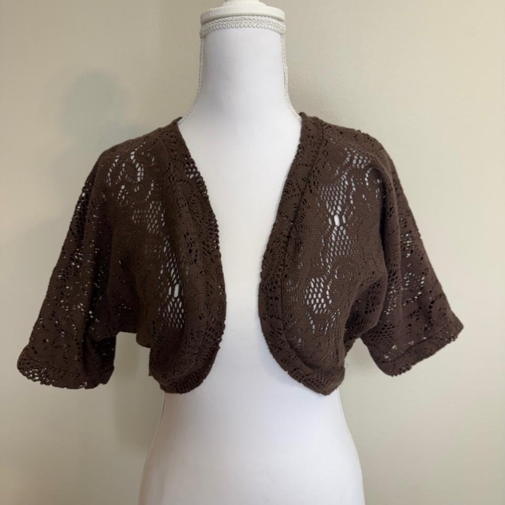 Chocolate Brown Open Front Crochet Cardigan Shrug Sz M Y2k FairyGrunge Boho 90s